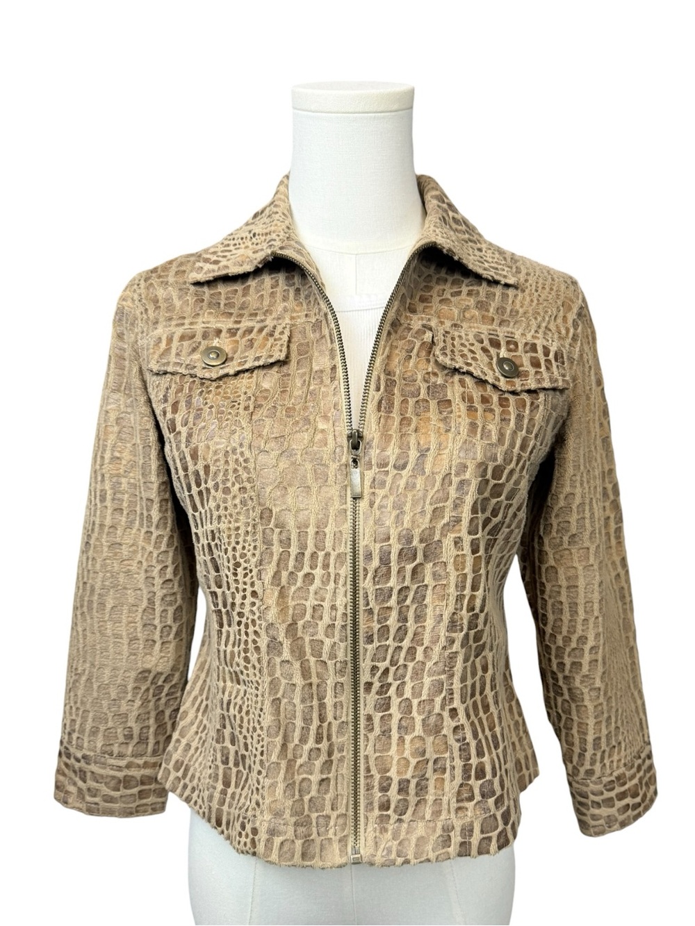 Ruby Rd Croc Embossed 3/4 Sleeve Jacket Y2K Structured Zip Up Tan Small